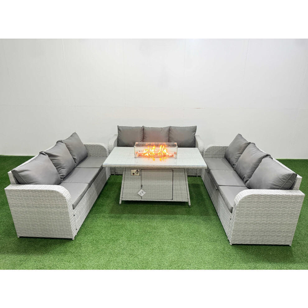 Fimous PE Rattan Lounge Sofa Set 9 Seater Outdoor Garden Furniture Set with Firepit Dining Table 3 Seater Sofa Light Grey