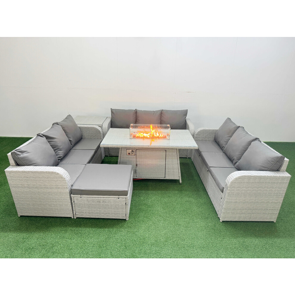 Fimous PE Rattan Lounge Sofa Set 10 Seater Outdoor Garden Furniture Set with Firepit Dining Table 3 Seater Sofa Big Footstool Side Table