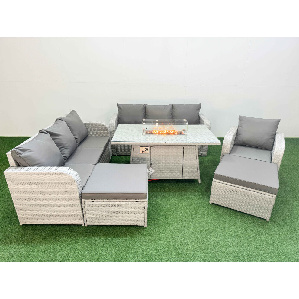 Fimous 9 Seater Poly Rattan Outdoor Garden Furniture Firepit Dining Table Sofa Set Patio Reclining Chair 2 Big Footstools Light Grey