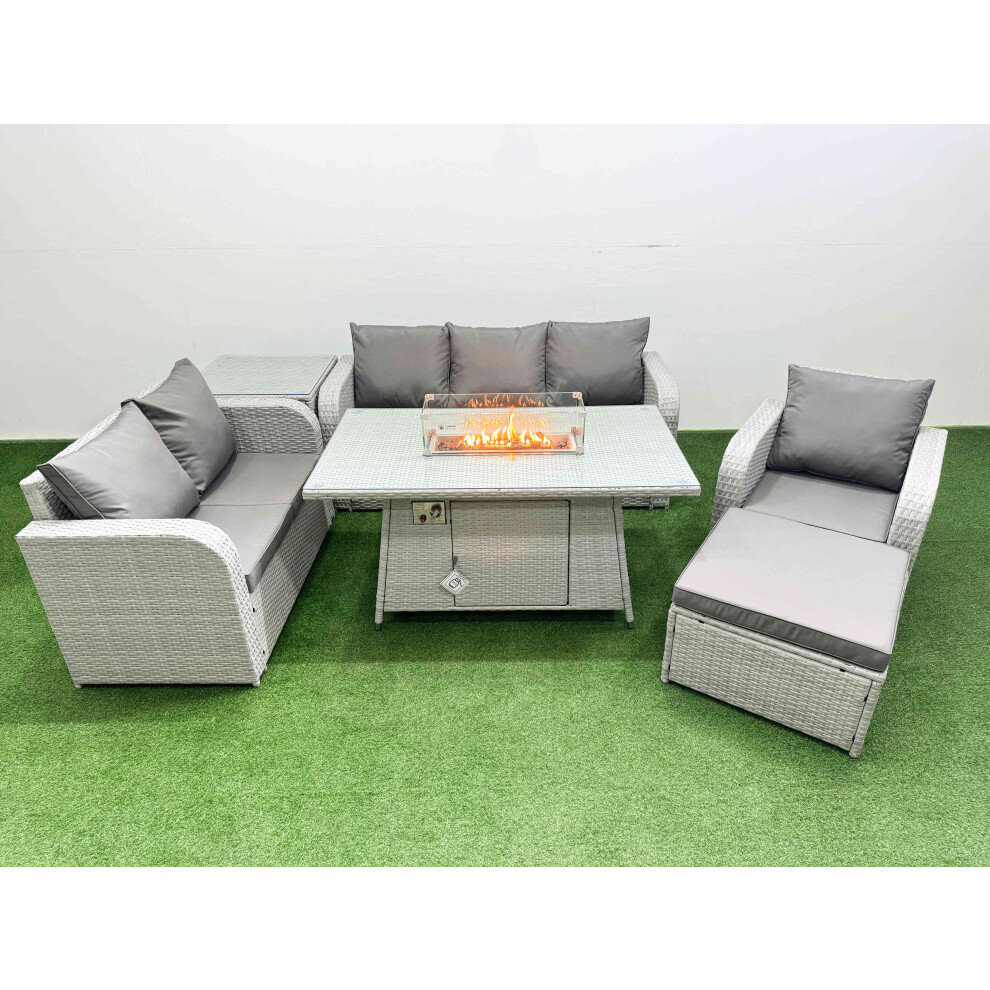 Fimous Patio PE Wicker 7 Seater Outdoor Rattan Furniture Sofa Sets with Firepit Dining Table  Loveseat Sofa  Big Footstool Side Table