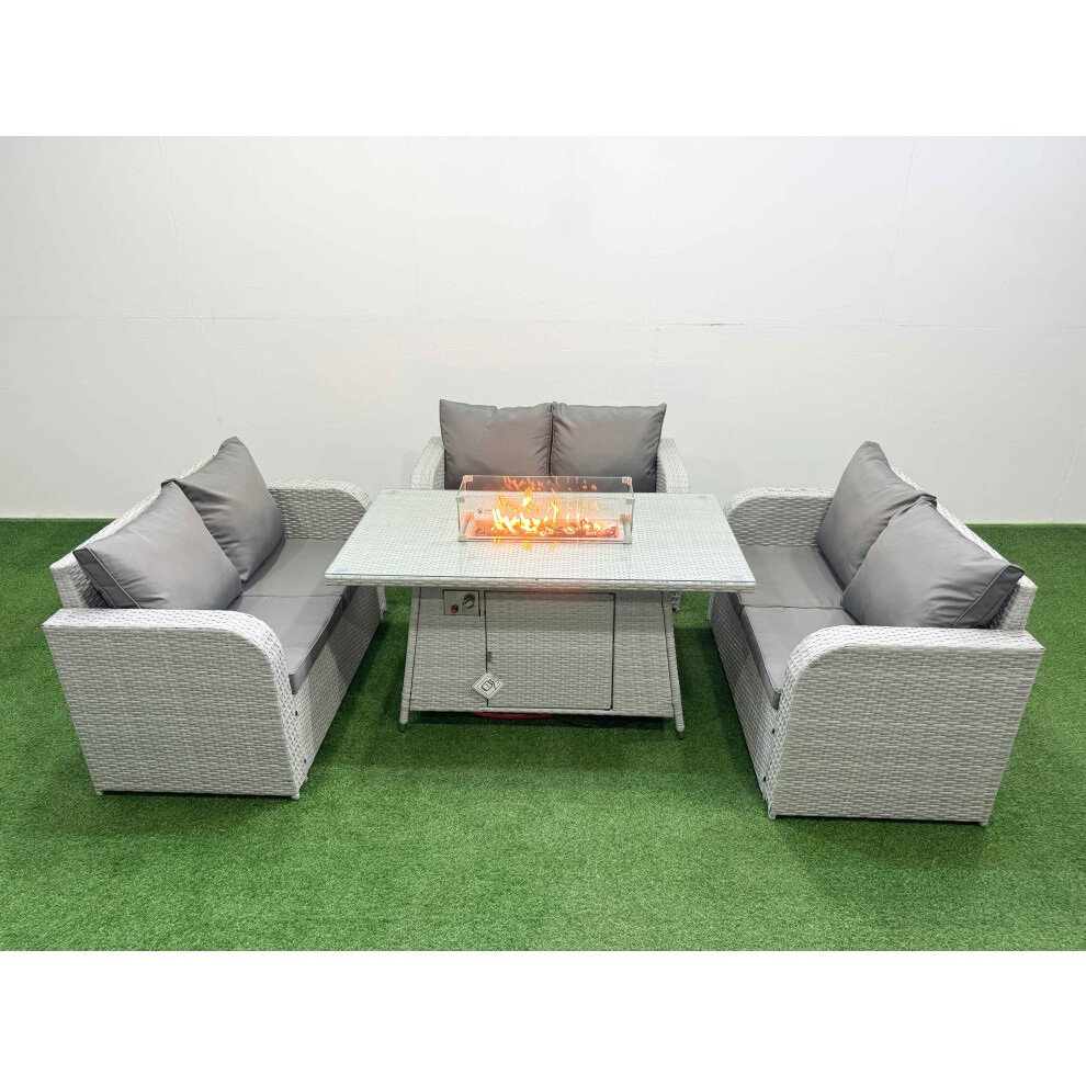 Fimous  6 Seater PE Wicker Rattan Furniture Sofa Sets with Firepit Dining Table 2 Seater Love Sofa Light Grey