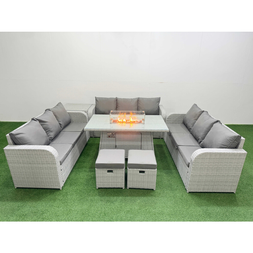 Fimous PE Rattan Lounge Sofa Set 11 Seater Outdoor Garden Furniture Set with Firepit Dining Table 3 Seater Sofa 2 Stools Side Table