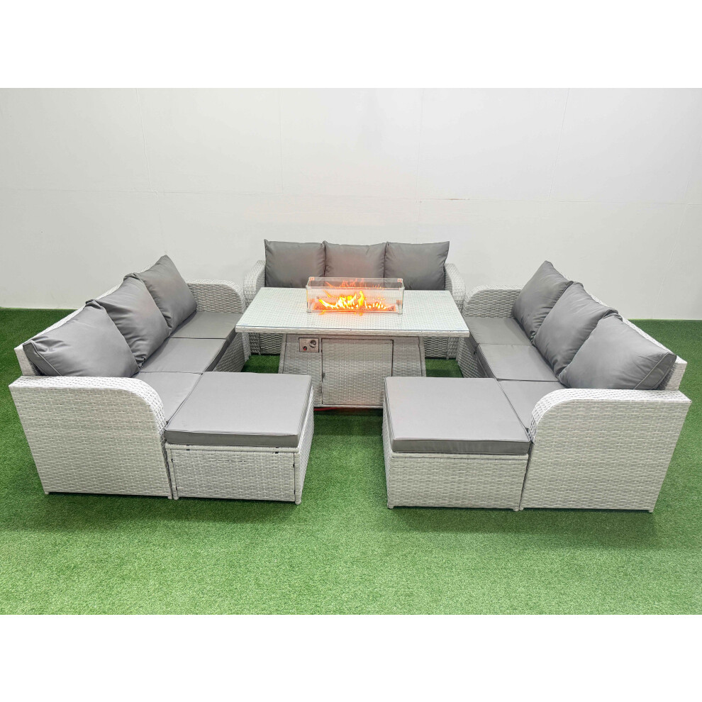 Fimous PE Rattan Lounge Sofa Set 11 Seater Outdoor Garden Furniture Set with Firepit Dining Table 3 Seater Sofa 2 Big Footstools