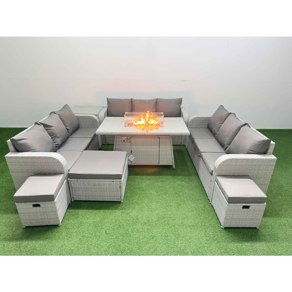 Fimous PE Rattan Lounge Sofa Set 12 Seater Outdoor Garden Furniture Set with Firepit Dining Table 3 Seater Sofa 3 Stools Side Table