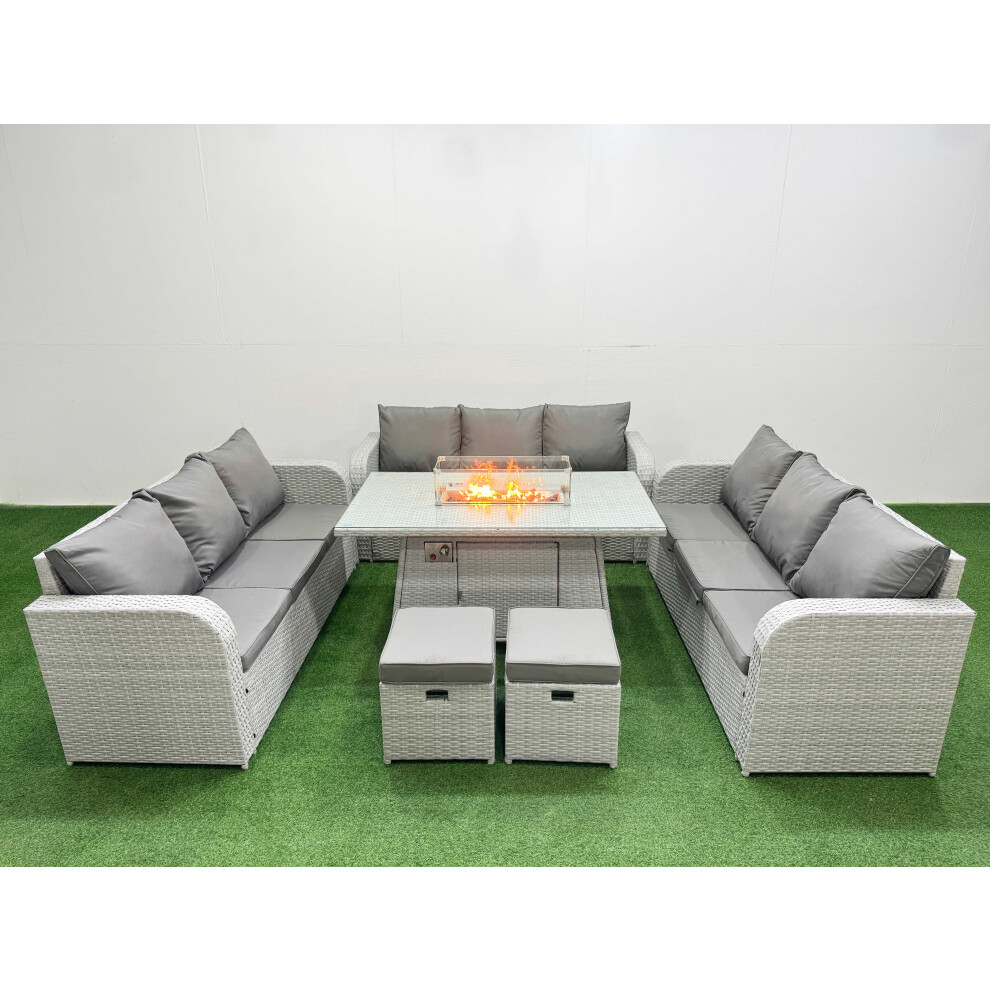 Fimous PE Rattan Lounge Sofa Set 11 Seater Outdoor Garden Furniture Set with Firepit Dining Table 3 Seater Sofa 2 Stools Light Grey