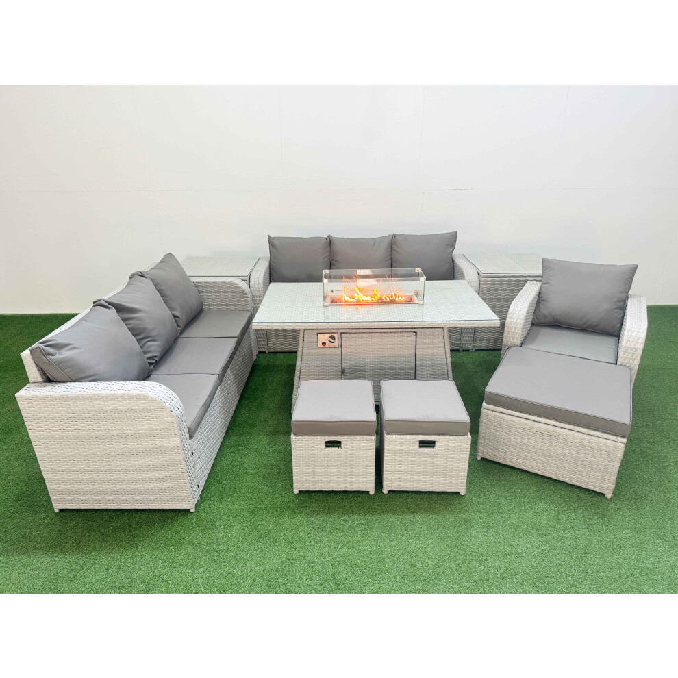 Fimous 10 Seater Poly Rattan Outdoor Garden Furniture Firepit Dining Table Sofa Set Patio Reclining Chair 3 Stools 2 Side Table Light Grey