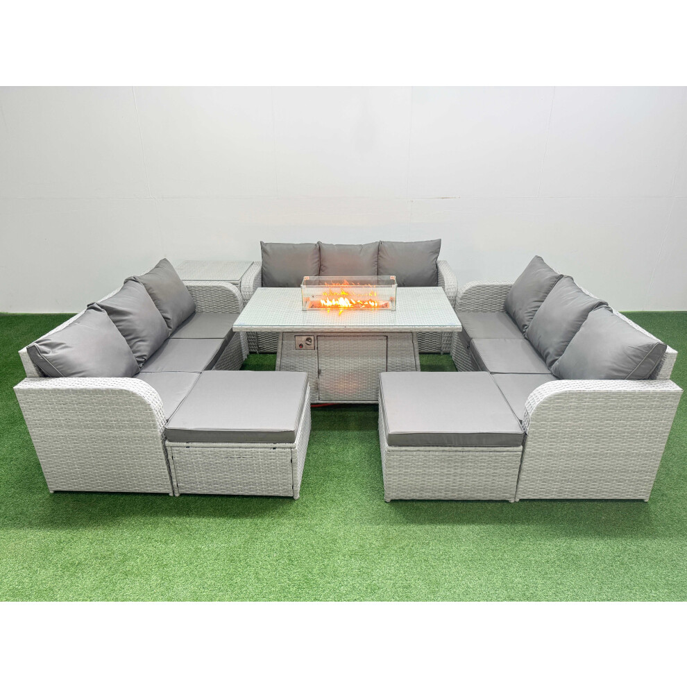 Fimous PE Rattan Lounge Sofa Set 11 Seater Outdoor Garden Furniture Set with Firepit Dining Table 3 Seater Sofa 2 Big Footstools Side Table