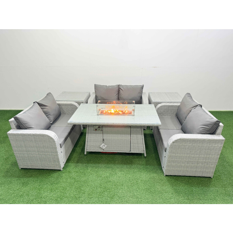 Fimous  6 Seater PE Wicker Rattan Furniture Sofa Sets with Firepit Dining Table 2 Seater Love Sofa 2 Side Table Light Grey