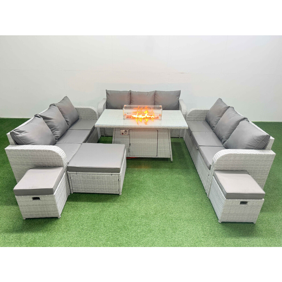 Fimous PE Rattan Lounge Sofa Set 12 Seater Outdoor Garden Furniture Set with Firepit Dining Table 3 Seater Sofa 3 Stools