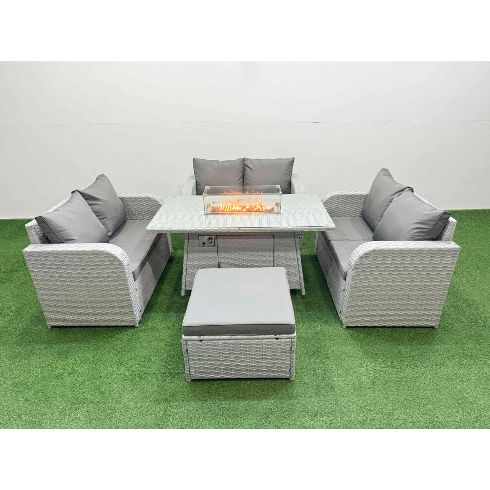 Fimous  7 Seater PE Wicker Rattan Furniture Sofa Sets with Firepit Dining Table 2 Seater Love Sofa Big Footstool Light Grey