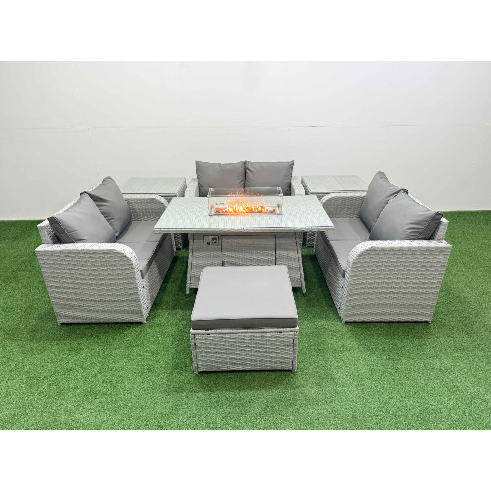 Fimous  7 Seater PE Wicker Rattan Furniture Sofa Sets with Firepit Dining Table 2 Seater Love Sofa Big Footstool 2 Side Table Light Grey