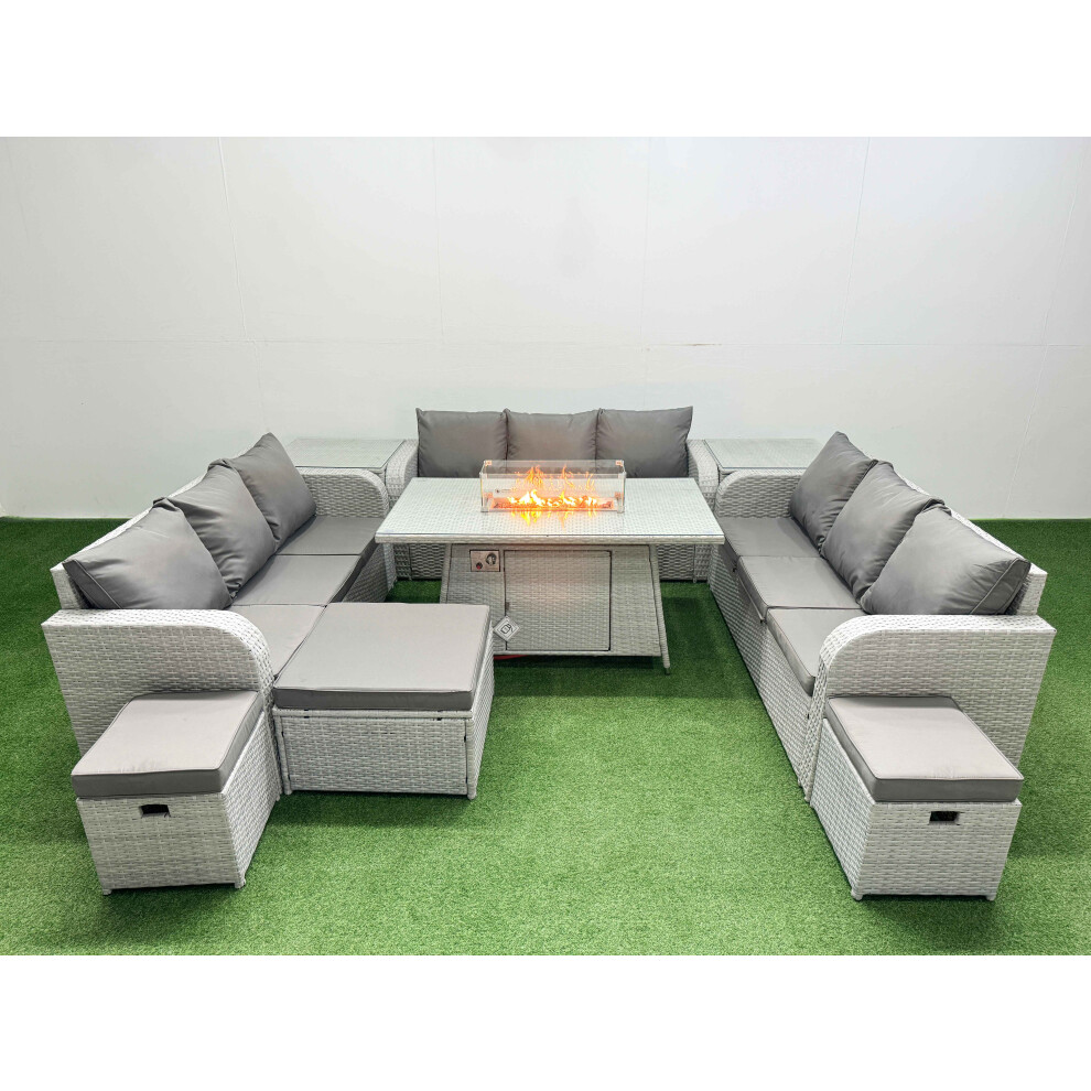 Fimous PE Rattan Lounge Sofa Set 12 Seater Outdoor Garden Furniture Set With Firepit Dining Table 3 Seater Sofa 3 Stools 2 Side Table