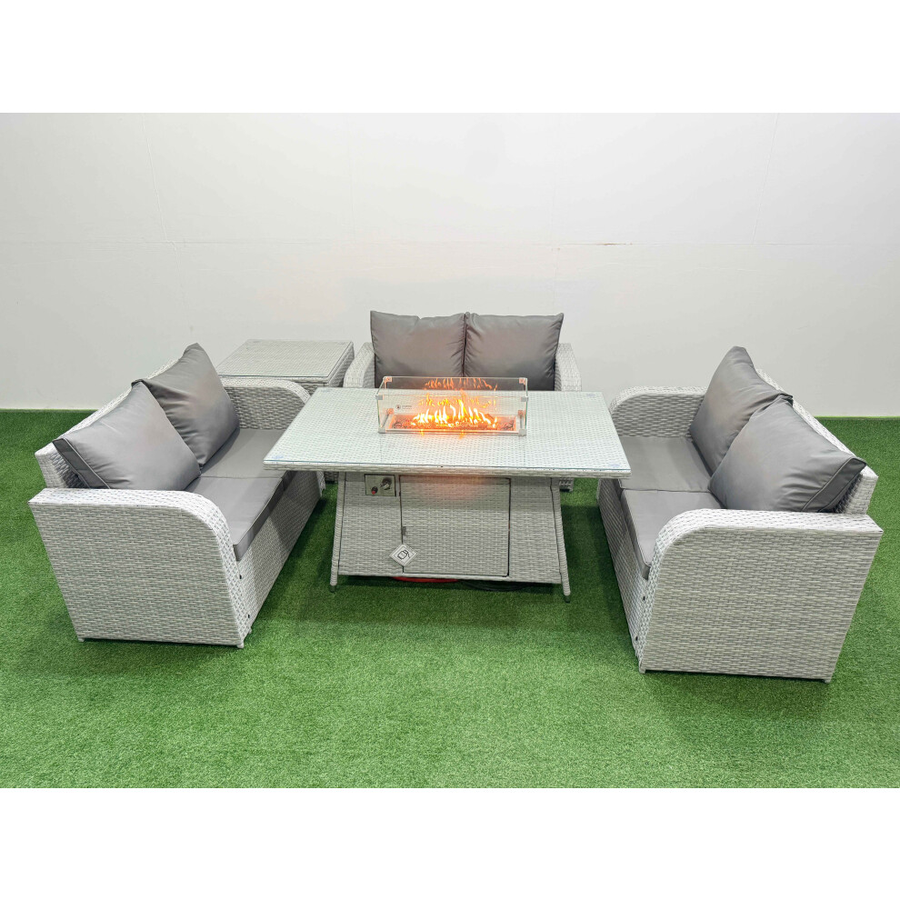 Fimous 6 Seater PE Wicker Rattan Furniture Sofa Sets With Firepit Dining Table 2 Seater Love Sofa Side Table Light Grey