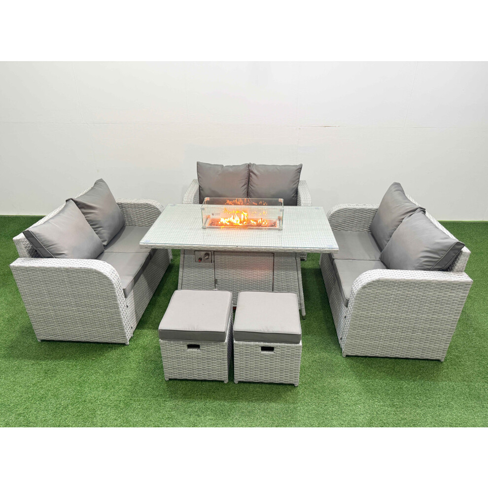 Fimous  8 Seater PE Wicker Rattan Furniture Sofa Sets with Firepit Dining Table 2 Seater Love Sofa 2 Stool Light Grey