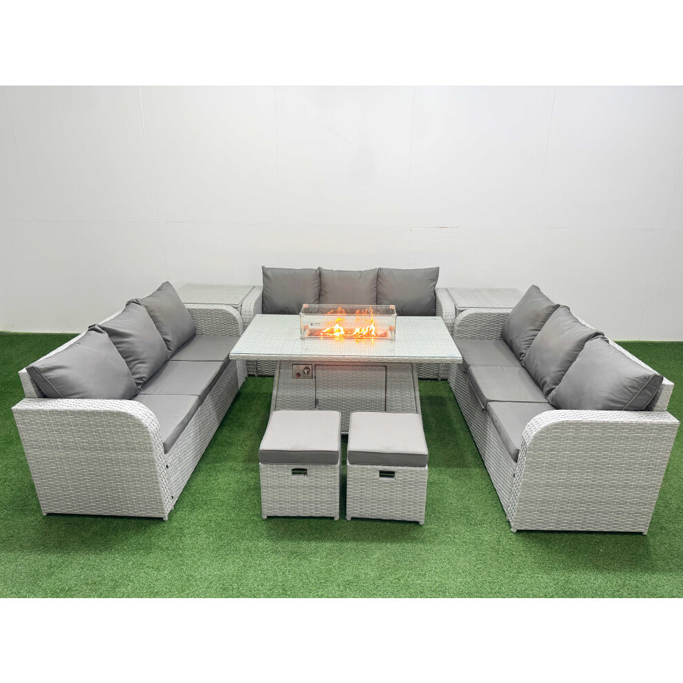 Fimous PE Rattan Lounge Sofa Set 11 Seater Outdoor Garden Furniture Set with Firepit Dining Table 3 Seater Sofa 2 Stools 2 Side Table