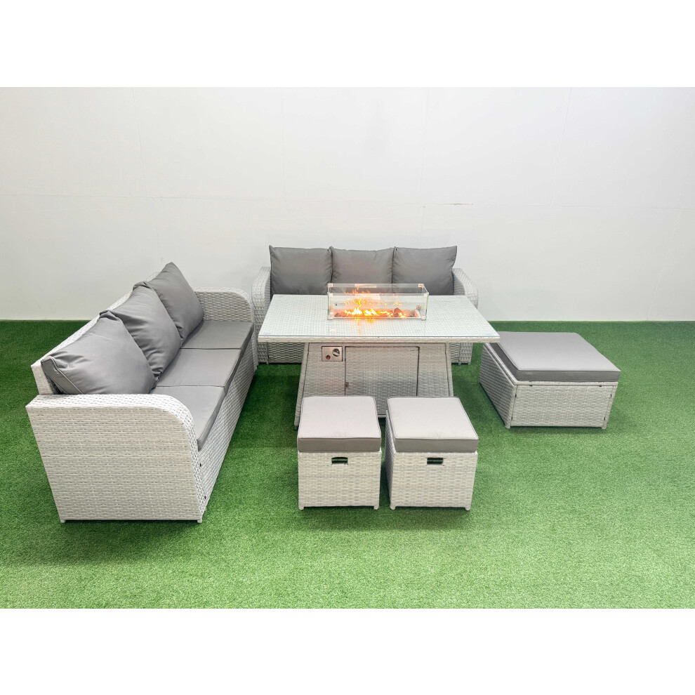 Fimous Outdoor Garden Furniture Sets 9 Seater Wicker Rattan Furniture Sofa Sets with Firepit Dining Table  3 Stools Light Grey