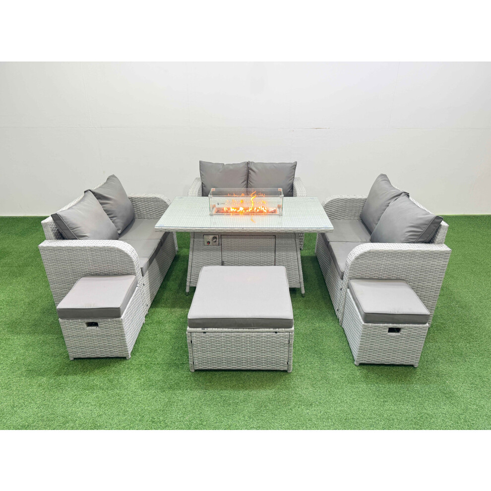 Fimous  9 Seater PE Wicker Rattan Furniture Sofa Sets with Firepit Dining Table 2 Seater Love Sofa 3 Stool Light Grey