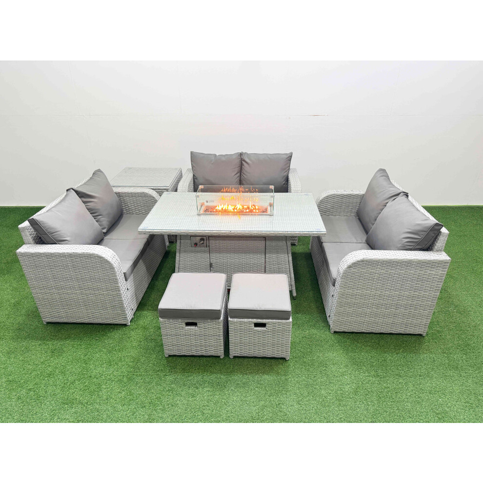 Fimous  8 Seater PE Wicker Rattan Furniture Sofa Sets with Firepit Dining Table 2 Seater Love Sofa 2 Stool Side Table Light Grey