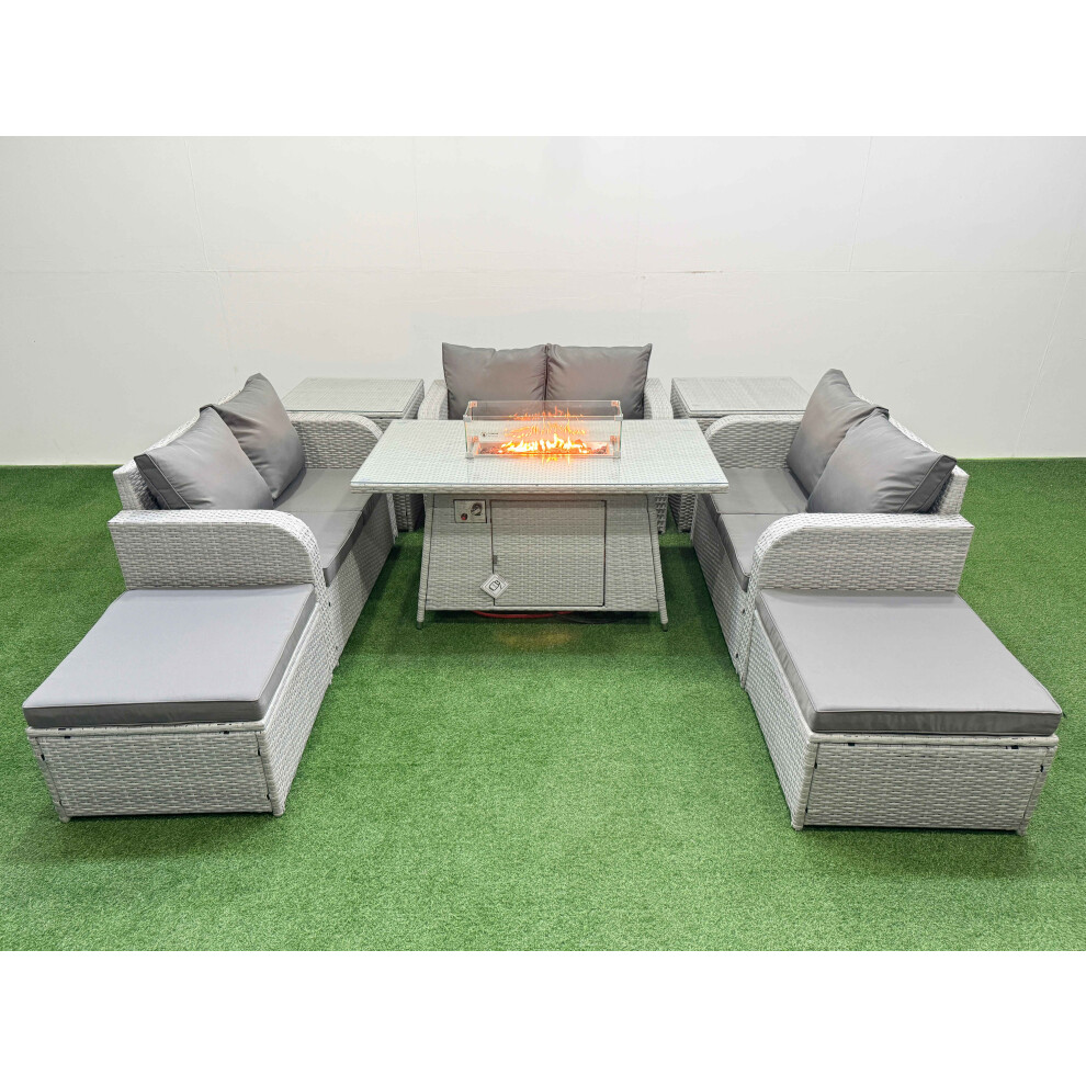 Fimous  8 Seater PE Wicker Rattan Furniture Sofa Sets with Firepit Dining Table 2 Seater Love Sofa 2 Big Footstool 2 Side Table Light Grey