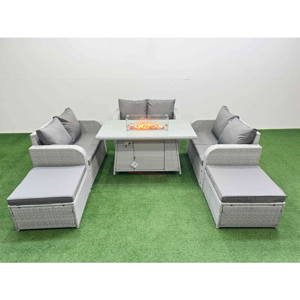 Fimous  8 Seater PE Wicker Rattan Furniture Sofa Sets with Firepit Dining Table 2 Seater Love Sofa 2 Big Footstool Light Grey