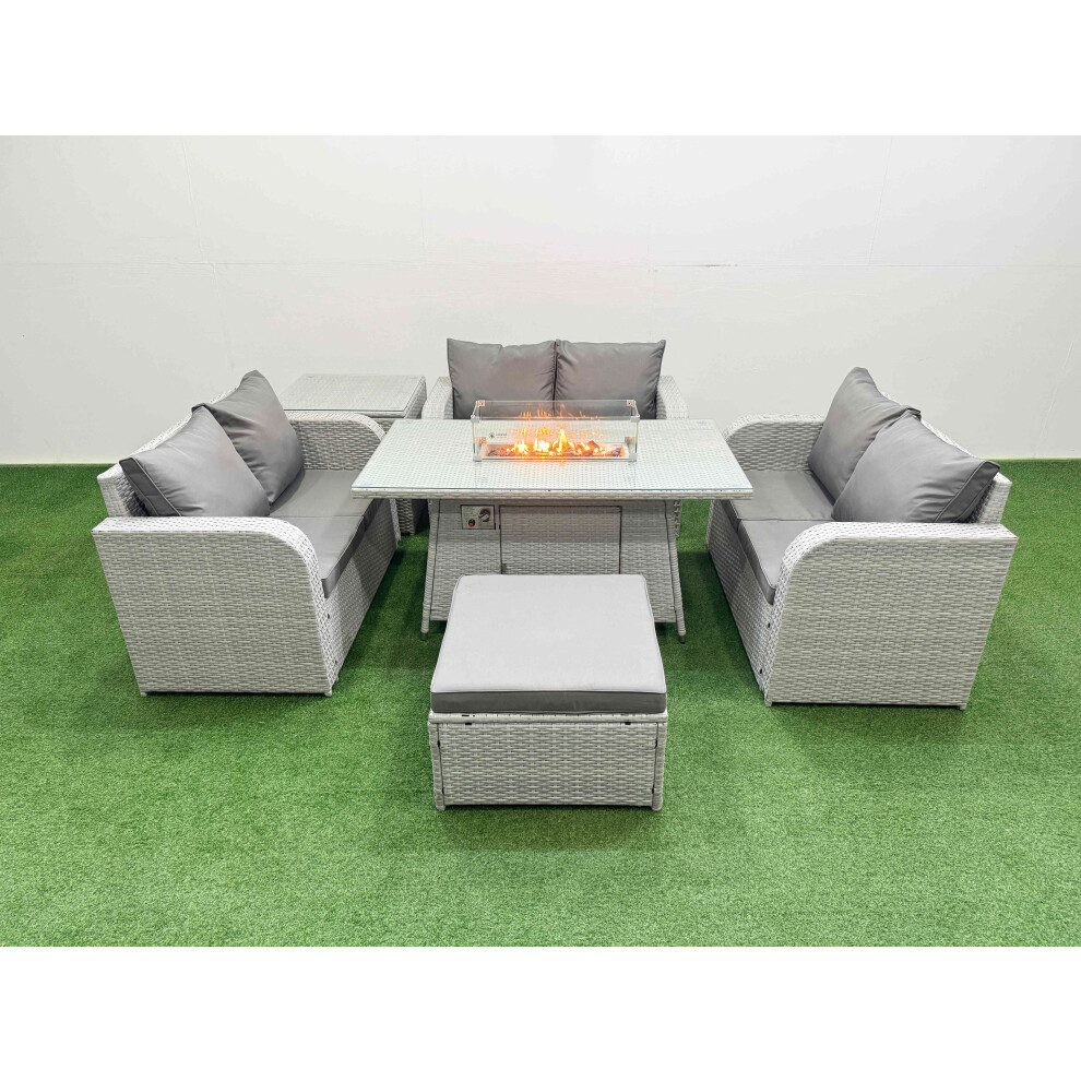 Fimous  7 Seater PE Wicker Rattan Furniture Sofa Sets with Firepit Dining Table 2 Seater Love Sofa Big Footstool Side Table Light Grey