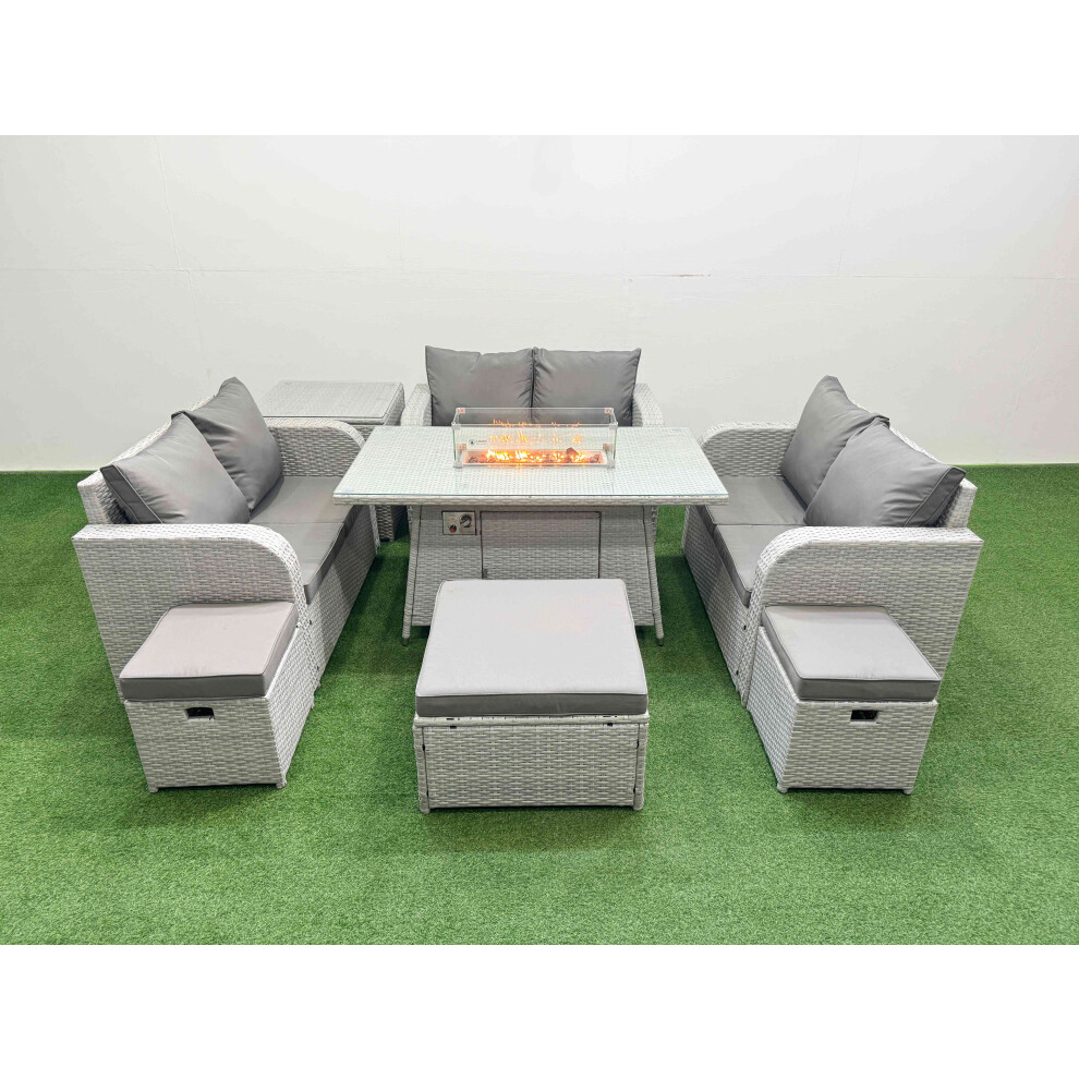 Fimous  9 Seater PE Wicker Rattan Furniture Sofa Sets with Firepit Dining Table 2 Seater Love Sofa 3 Stool Side Table Light Grey