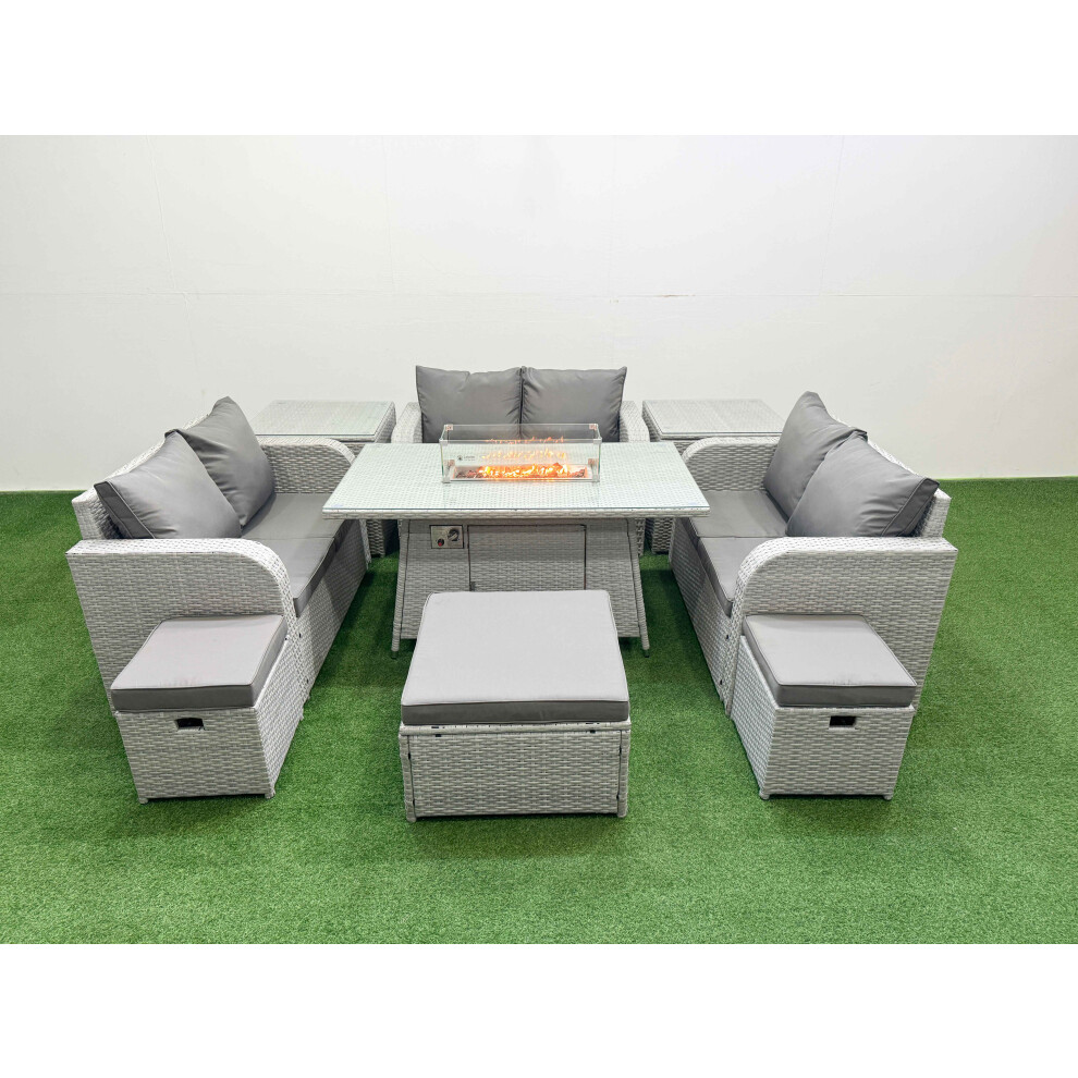 Fimous  9 Seater PE Wicker Rattan Furniture Sofa Sets with Firepit Dining Table 2 Seater Love Sofa 3 Stool 2 Side Table Light Grey