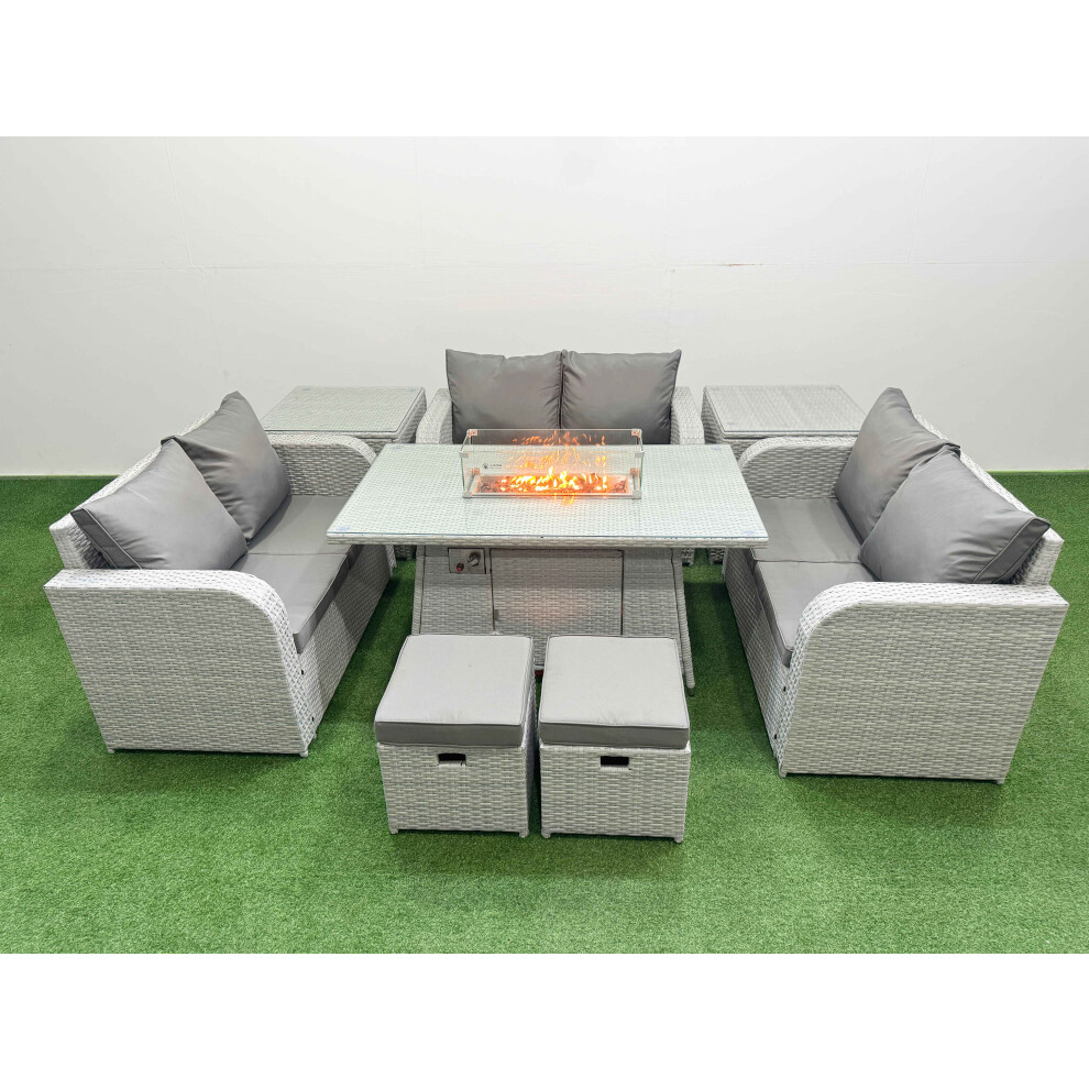 Fimous  8 Seater PE Wicker Rattan Furniture Sofa Sets with Firepit Dining Table 2 Seater Love Sofa 2 Stool 2 Side Table Light Grey