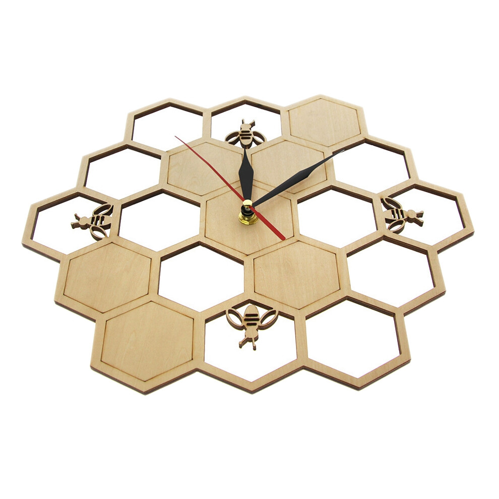 Cut Wood Clock Honey Bee on Honey Comb Hexagon Nature Watch Wall Clock Geometric Kitchen Art Decor