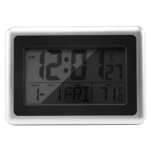 Digital Wall Clock, Large Lcd Display, Battery Operated, Indoor Temperature, Calendar, Table Standing, Snooze Without Back Light (Silver)