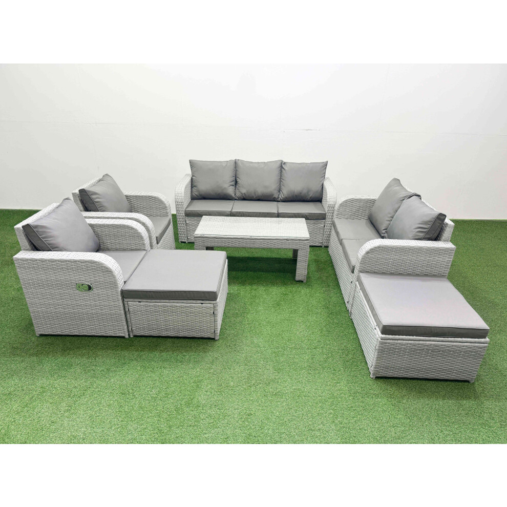 Fimous PE Rattan Garden Furniture Set Adjustable Chair Sofa Double Love Seat 2 Seater Sofa Lounge Set 2 Big Footstool Light Grey