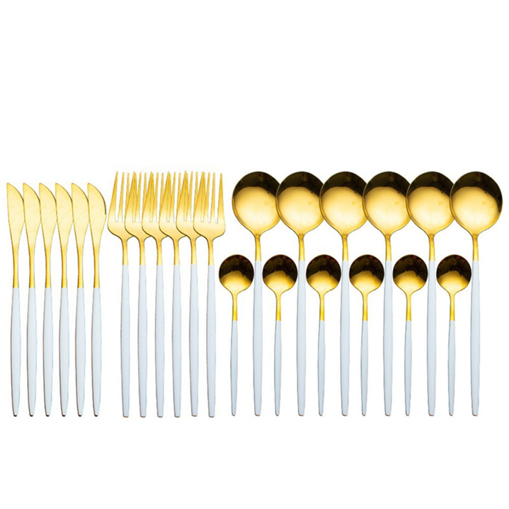 24Pcs Stainless Steel Dinnerware Set Cutlery Spoon Fork Knife Western Cutleri Silverware Flatware,White-Gold