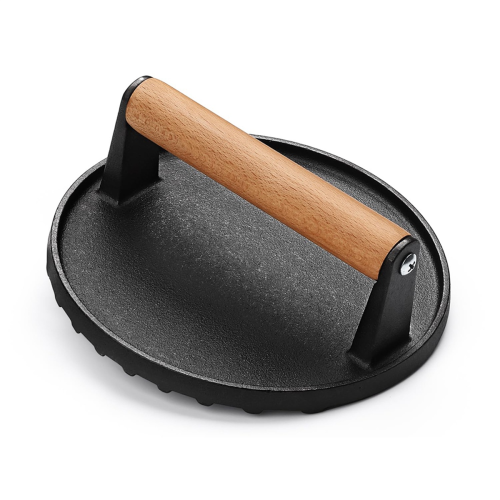 Burger Press 7Inch Round Cast Iron Smash Bacon Press Meat Steak with Wood Handle for Griddle, Sandwich, Nonstick Pan