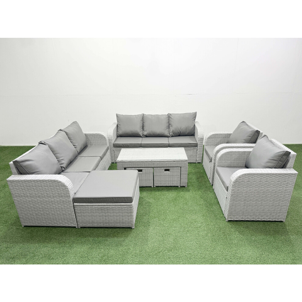 Fimous PE Rattan High Back Lounge Sofa Set Patio Oblong Coffee Table & Chairs Set with 3 Stools Light Grey