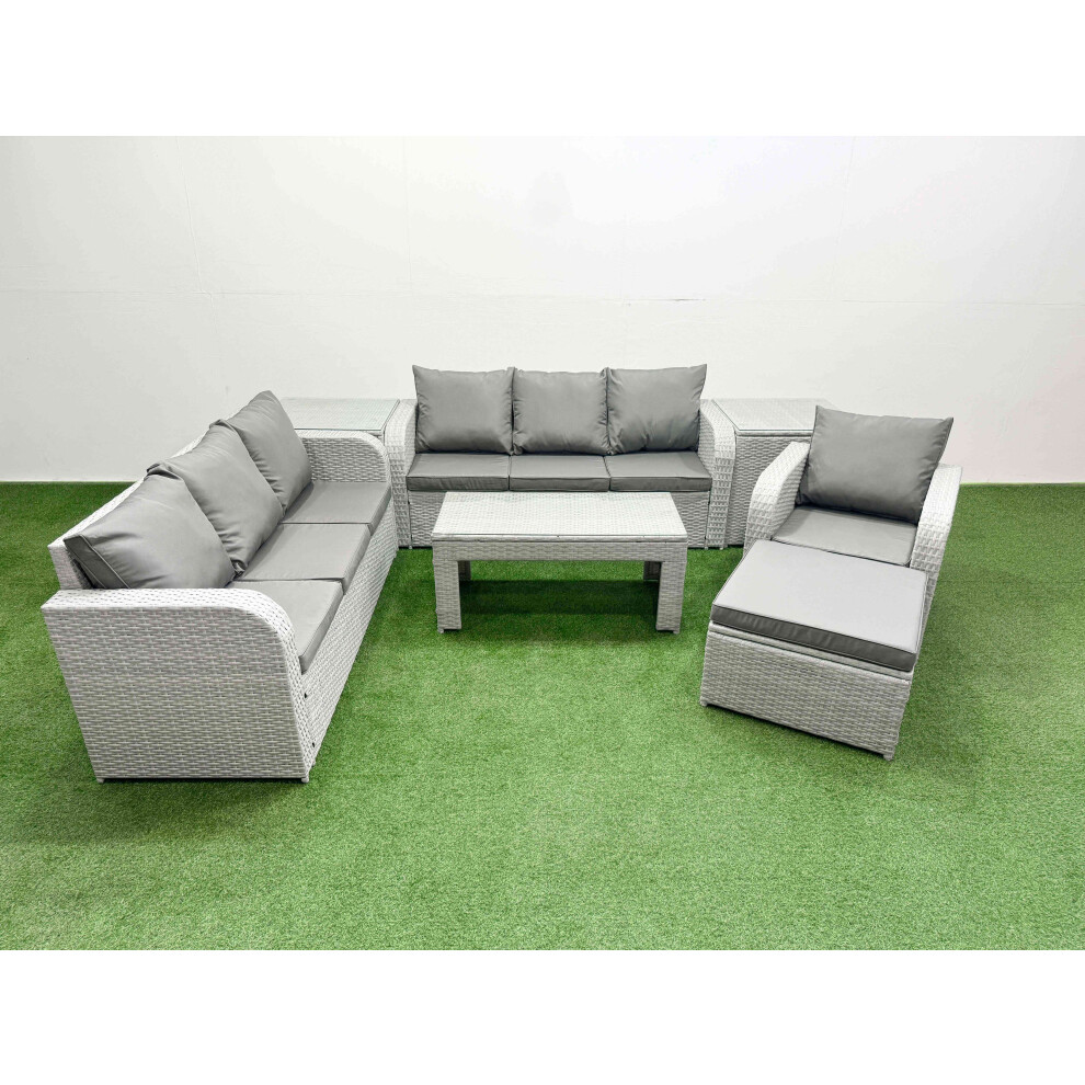 Fimous 8 Seater Poly Rattan Outdoor Garden Furniture Oblong Coffee Table Sofa Set Patio 3 Seater Sofa Big Footstool 2 Side Table Grey