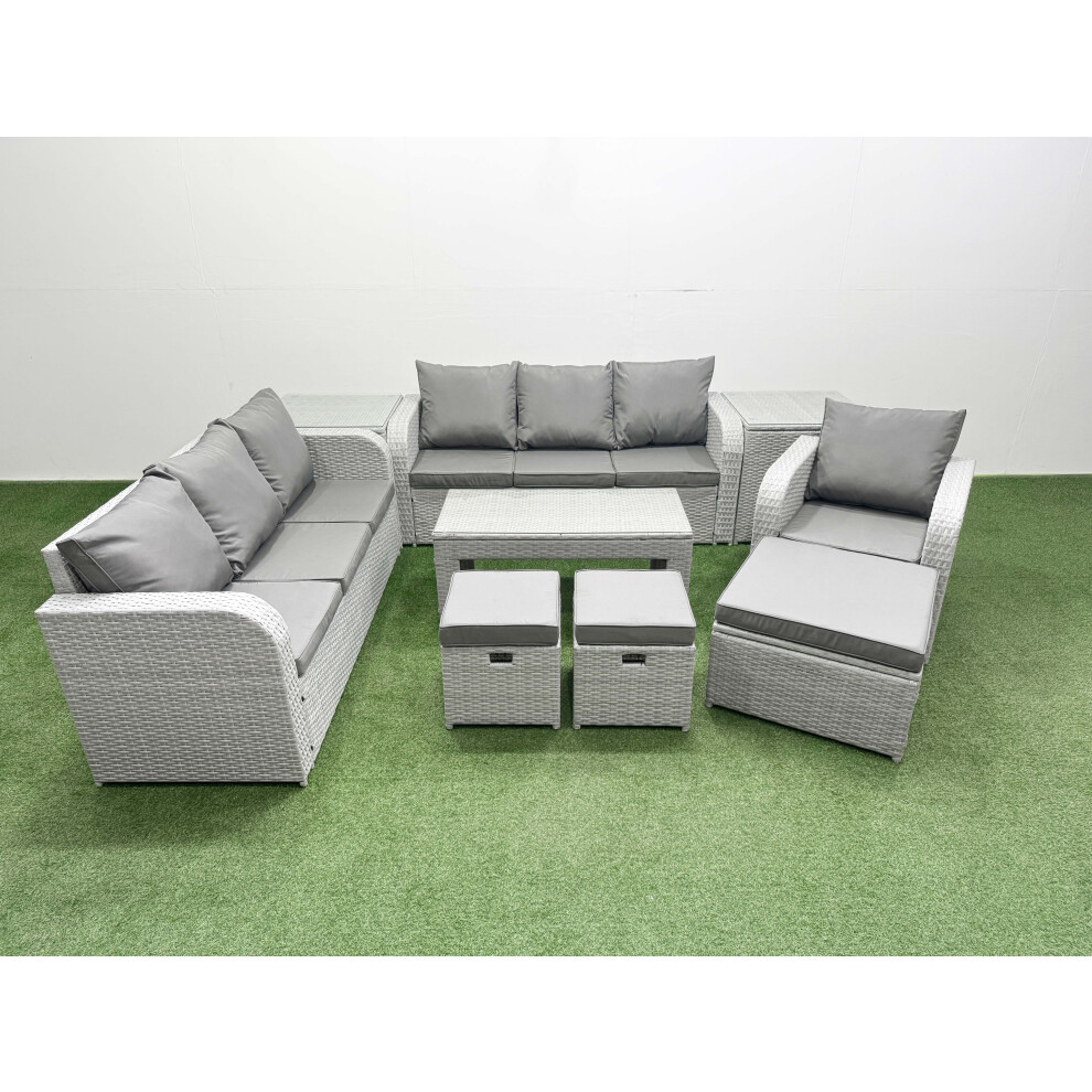 Fimous 10 Seater Poly Rattan Outdoor Garden Furniture Oblong Coffee Table Sofa Set Patio 3 Seater Sofa 3 Stools 2 Side Table Light Grey