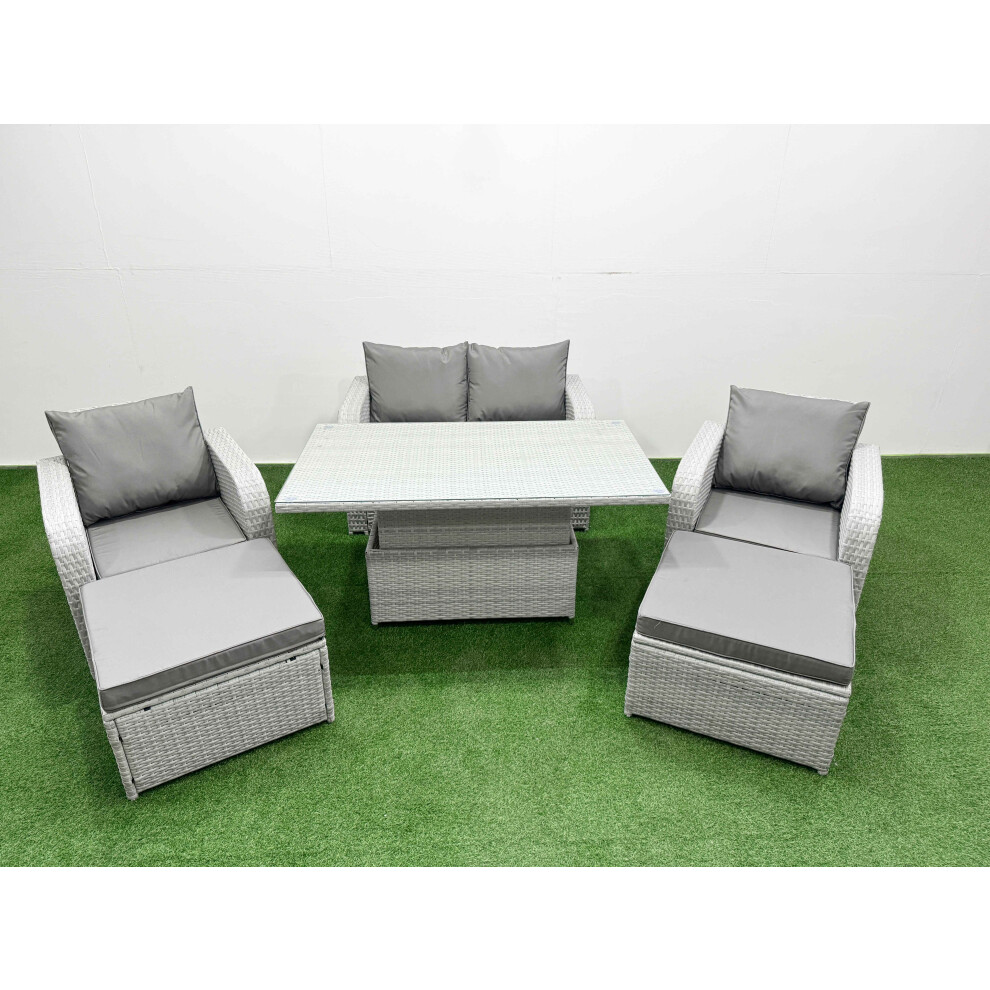 Fimous Light Grey PE Wicker Rattan Garden Furniture SetAdjustable Lifting Dining or Coffee Table 6 Seater 2 Big Stools