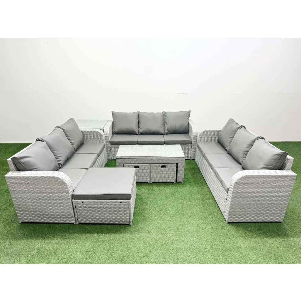 Fimous PE Rattan Lounge Sofa Set 12 Seater Outdoor Garden Furniture Set with3 Seater Sofa 3 Stools Side Table Light Grey