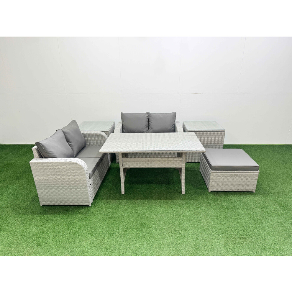 Fimous 5 Seater Outdoor Love Sofa Set Rattan Garden Furniture Set with Rectangular Dining Table Big Footstool 2 Side Tables Light Grey