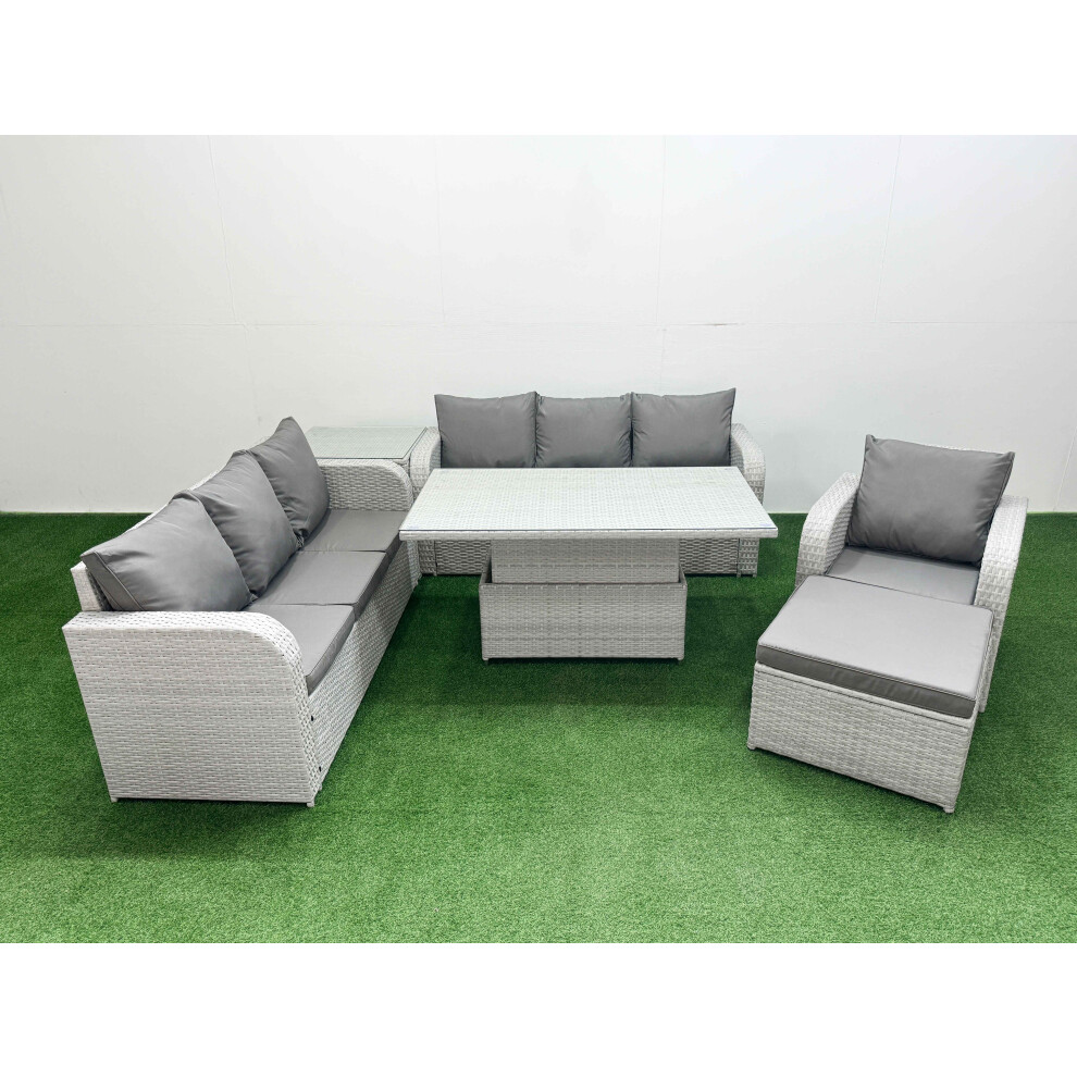 Fimous 8 Seater Poly Rattan Outdoor Garden Furniture Adjustable Lifting Dining or Coffee Table Sofa Set Big Footstool Side Table Light Grey