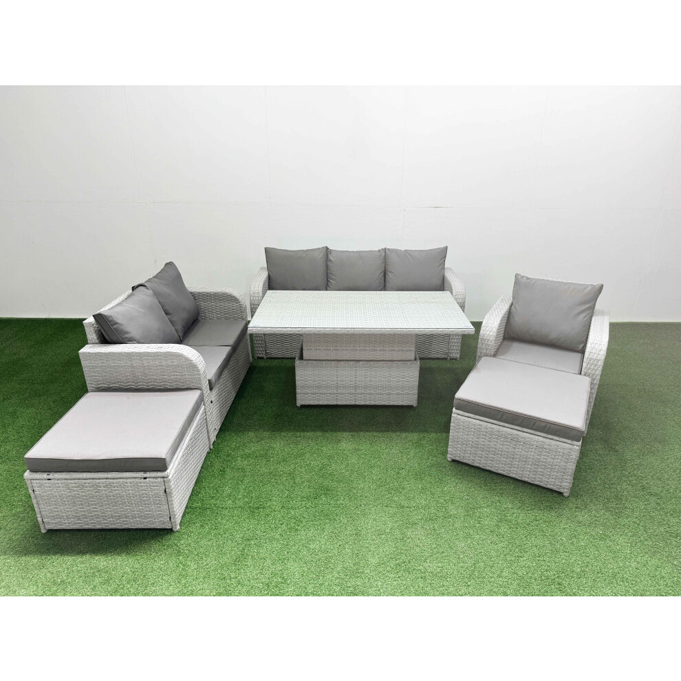 Fimous Patio PE Wicker 8 Seater Outdoor Rattan Furniture Sofa Sets with Adjustable Lifting Dining or Coffee Table2 Big Footstools Light Grey