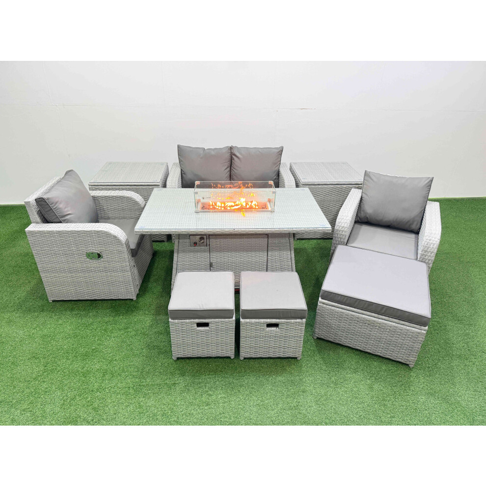 Fimous Light Grey PE Wicker Rattan Garden Furniture Set Sofa Set Reclining Chair Firepit Dining Table 7 Seater 3  Stools 2 Side Table