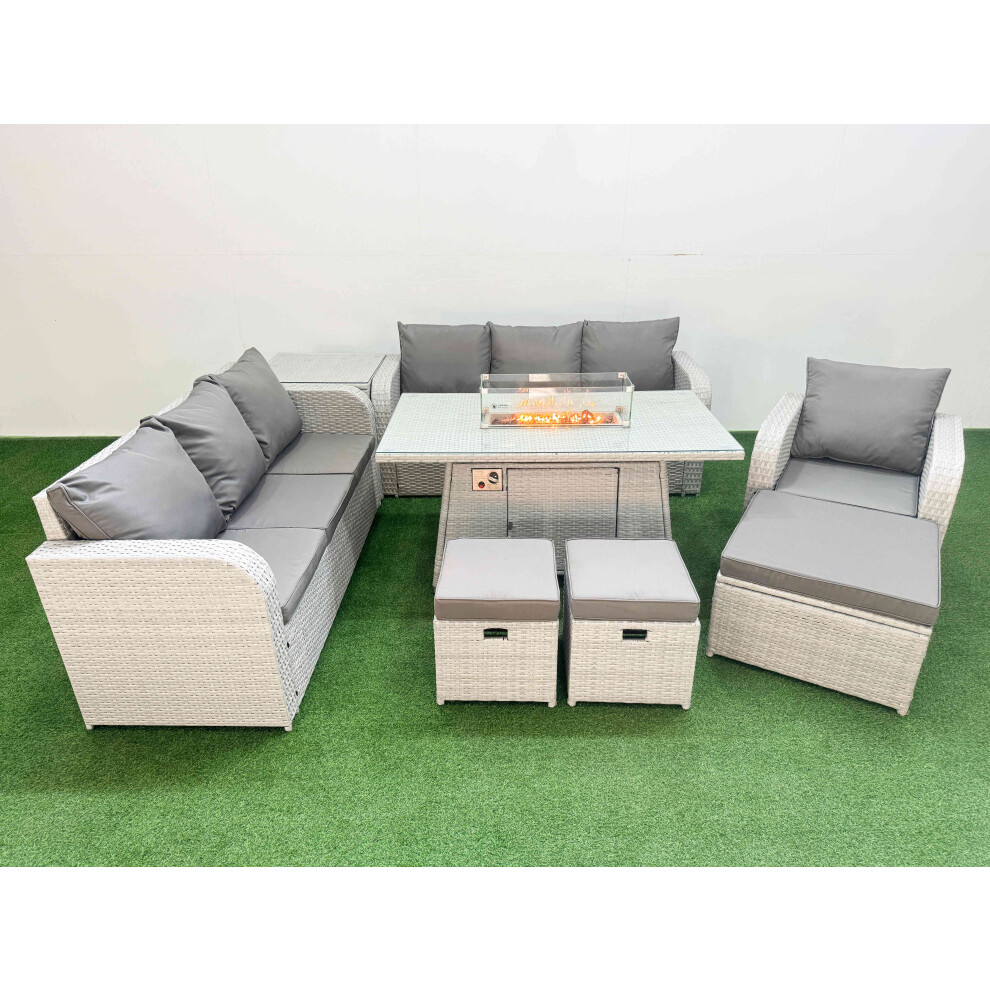 Fimous 10 Seater Poly Rattan Outdoor Garden Furniture Firepit Dining Table Sofa Set Patio Reclining Chair 3 Stools Side Table Light Grey