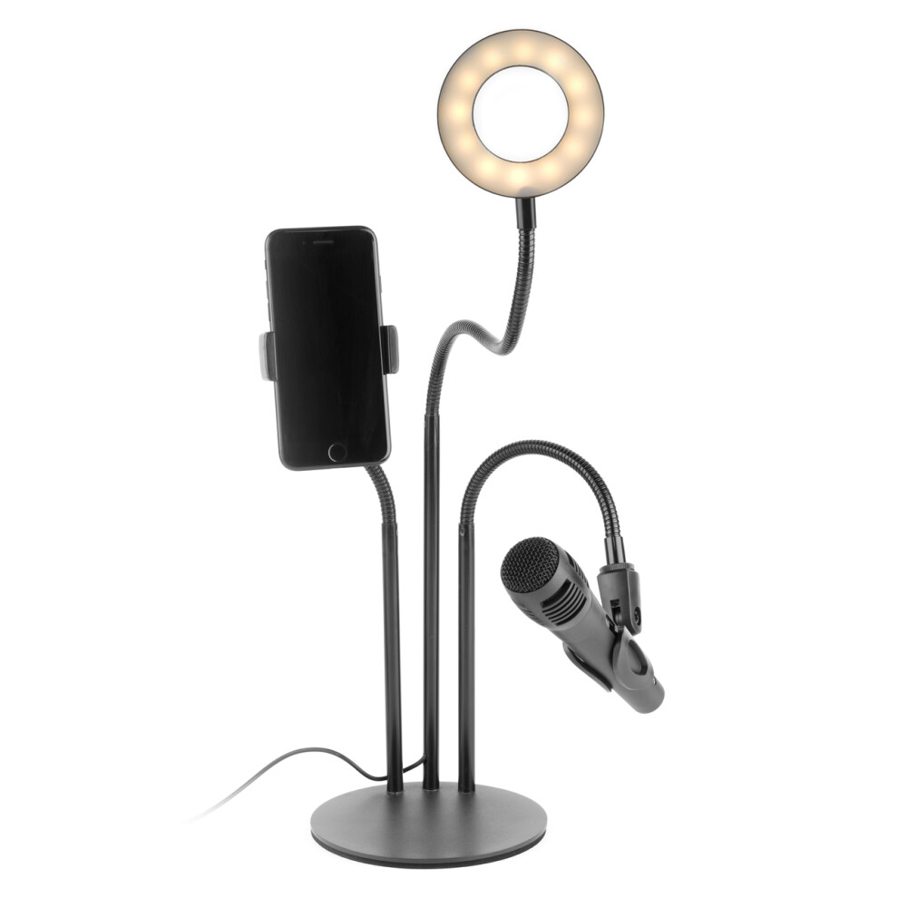 3in1 Streaming Stand with Ring Light Multiple Holder Microphone Grip Round Base