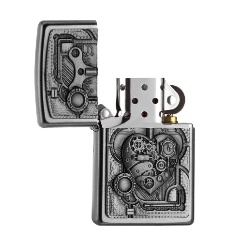 Zippo Zippo Lighter Mechanical Heart Emblem Satin Chrome Windproof Refillable Gift Box 1