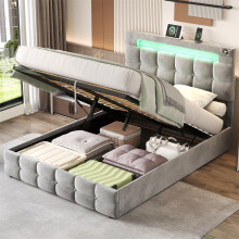 4ft6 Double Upholstered Bed Frame with Hydraulic Storage, Velvet Grey - LED Lighting, USB-C & USB Ports, Adjustable Headboard