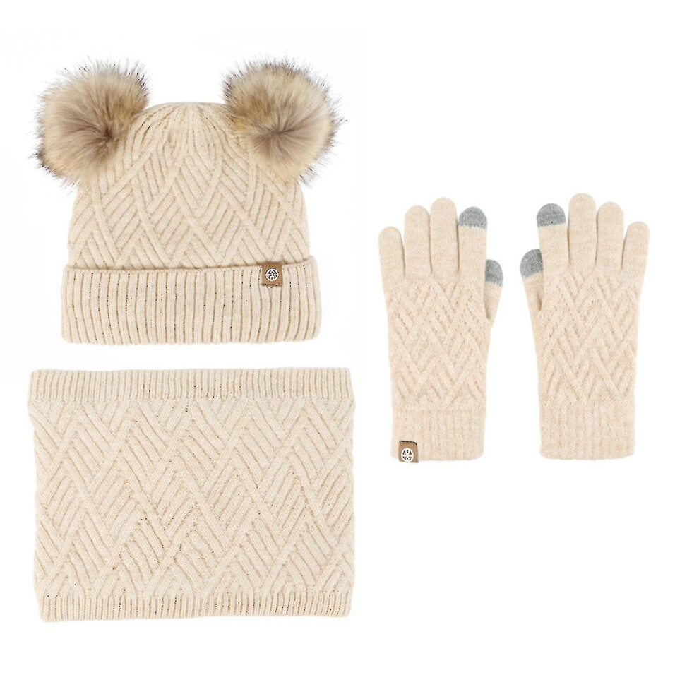 (Beige) Kids Winter Hat Gloves Scarf Set With Pom Knit Fit For 5-12 Years Old Acrylic Fibres Girls Boys Children Hats Beanie