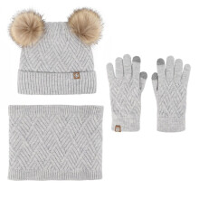 (Grey) Kids Winter Hat Gloves Scarf Set With Pom Knit Fit For 5-12 Years Old Acrylic Fibres Girls Boys Children Hats Beanie
