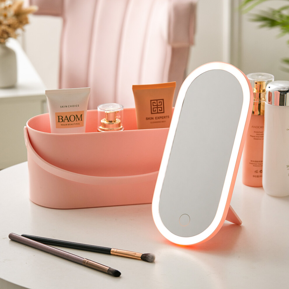 (Pink) Portable Vanity Travel Makeup Box with LED Mirror