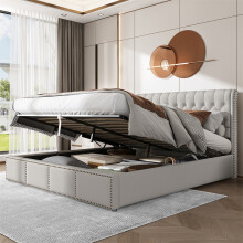 (150x200cm) Upholstered Bed with Hydraulic Lever, Linen, Grey